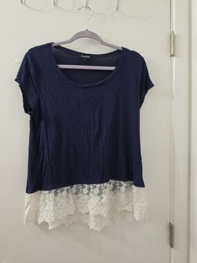 A. Byer Navy Lace-Hem Short Sleeve Top